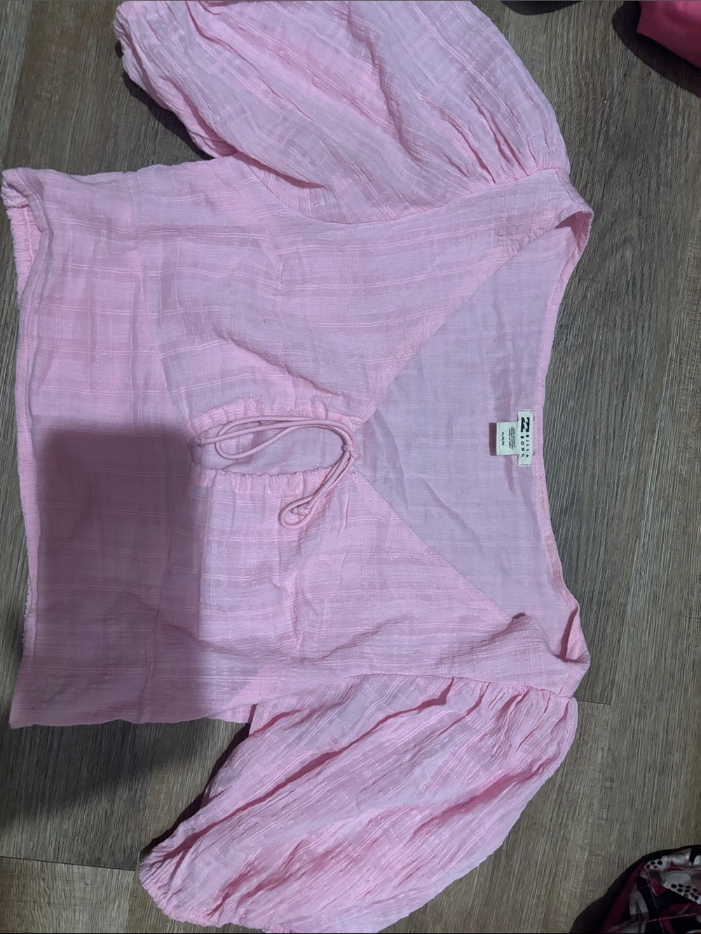 Billabong Light Pink Textured Puff-Sleeve Drawstring Top